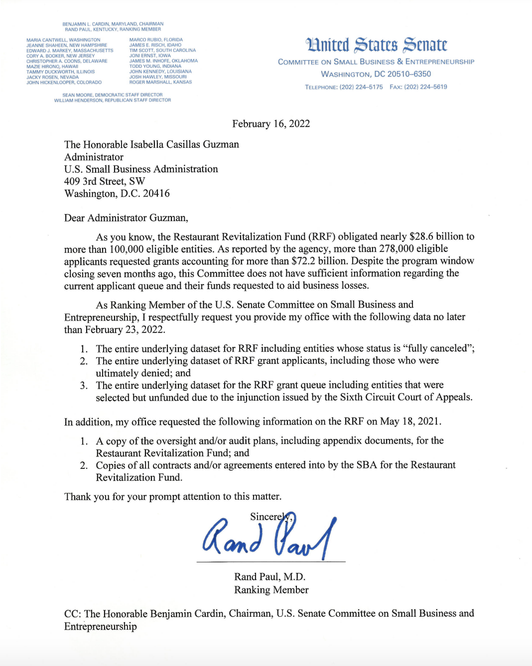 Senator Rand Paul's letter to the Small Business Administration